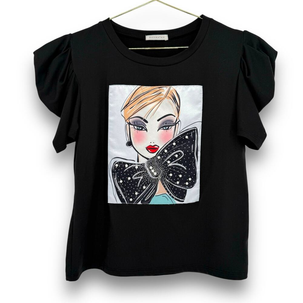 Y2K Vintage Coquette Graphic T Shirt, Fashion Girl Bow Balloon Sleeve L Pearl